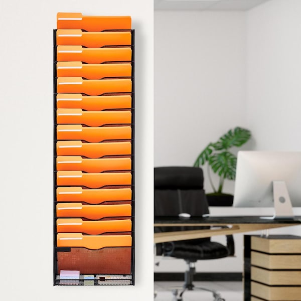 SKYSHALO File Wall Rack, 1-Piece 16 Pockets Mesh Wall File Holder, Wall Mounted Magazine Black 12.8 in W x 40.16 in H Metal