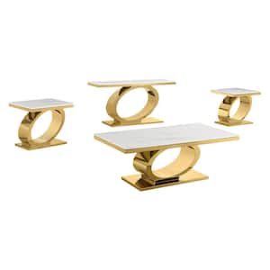 Megan 55 in. White Rectangle Marble Top Coffee Table Set with Gold Stainless Steel Base 4-Piece