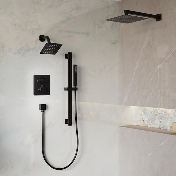 WELLFOR 3-Function Square Wall Mount 10 in. and 6 in. Dual Shower Faucet System with Sliding Bar in Matte Black (Valve Included)