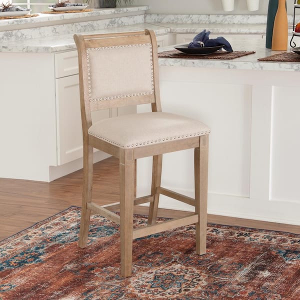 Kendra 26 in. Natural High Back Wood Bar Stool with Fabric Seat