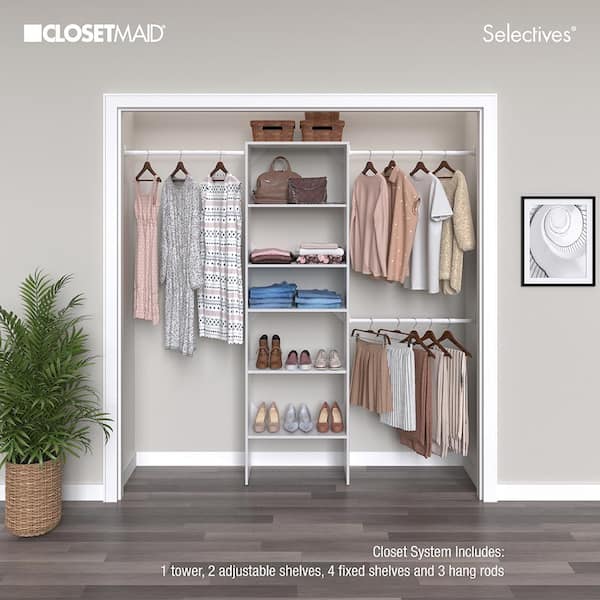 Selectives 60 in. W - 120 in. W White Reach-In Tower Wall Mount 6-Shelf Wood Closet System