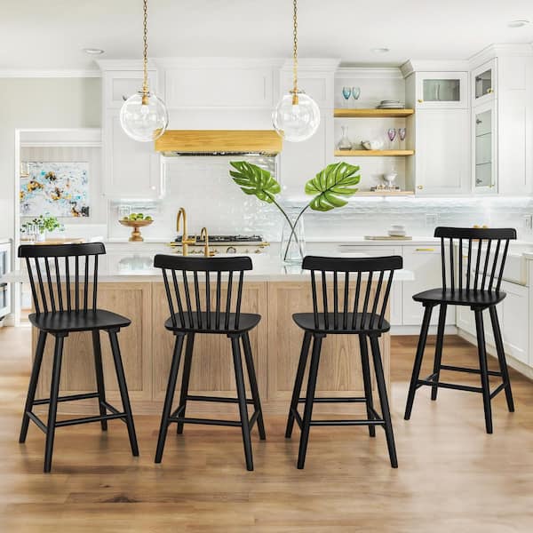24 in. Black Classic Windsor Back Contoured Seat Bar Stools Solid Wood Counter Height Barstools(Set of 4)