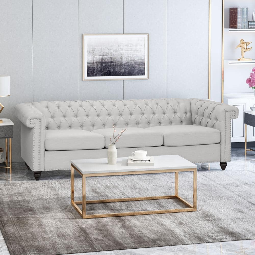 Elegant Gray Faux Leather Tufted Chesterfield Sofa with Nailhead Accents