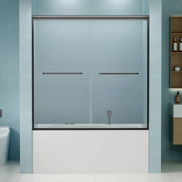 56 in. - 60 in. W x 58 in.  H Double Sliding Semi-Frameless Tub Door in Matte Black with 1/4 in.Tempered Clear Glass