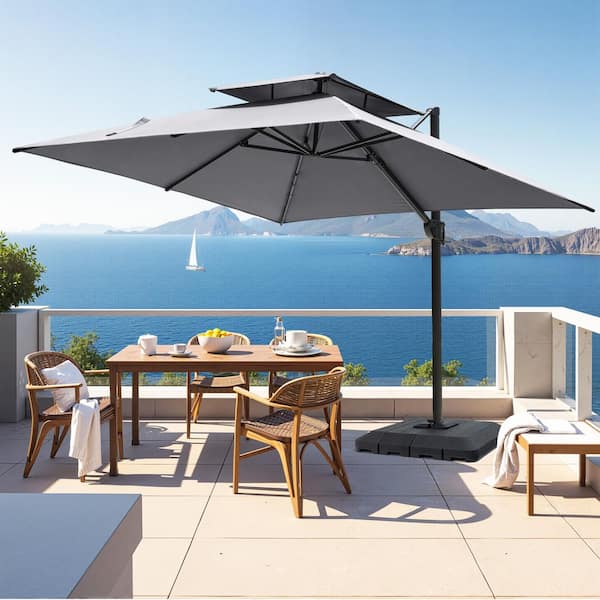 Pellebant 10 ft. Square Aluminum 360° Rotation Tilt Cantilever Patio Umbrella in Dark Gray with Stand Weight for Pool Garden