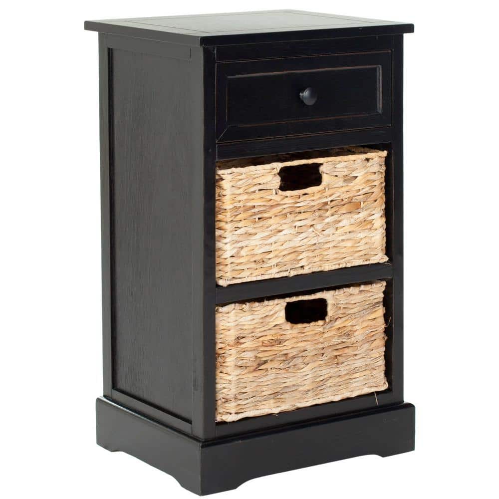 Distressed Black Pine Side Table with Wicker Storage