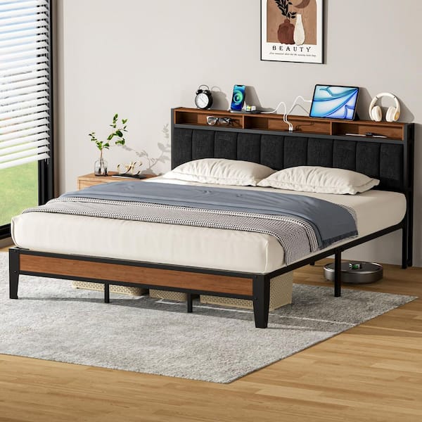 Black Metal Frame California King Upholstered Platform Bed with Charging Station and Storage Headboard