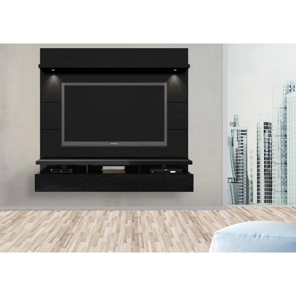 Manhattan Comfort Cabrini 86 in. Black Gloss and Black Matte Entertainment Center with 3 Drawer Fits TVs Up to 70 in. with Wall Panel