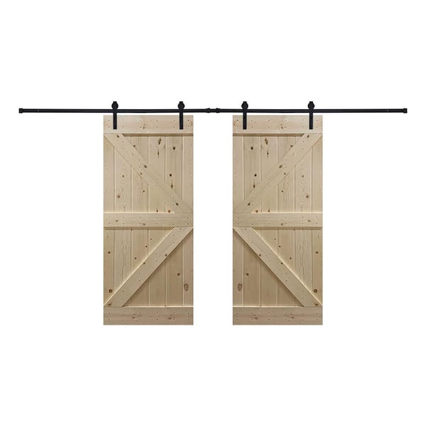 Akicon Assembled DK Series 48 in. x 84 in. 12 Panel Unfinished Wood Sliding Double Barn Door with Hardware Kit