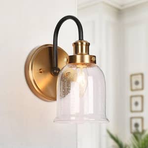 Walnute Modern 1-Light Seeded Glass Brass Gold Wall Sconce, Black Bell Bathroom Vanity Light Transitional Wall Lighting