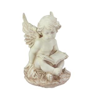 12 in. Heavenly Gardens Ivory Sitting Cherub Angel with Book Outdoor Patio Garden Statue