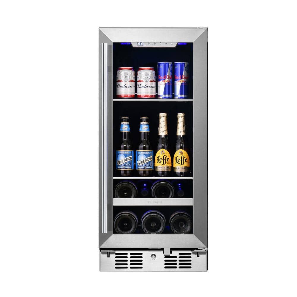TITAN Signature 15 in. 48 Can and 7 Bottle Stainless Steel Single Door Single Zone Built-In Beverage and Wine Cooler, Stainless steel and black -  SS-BW154807SZ