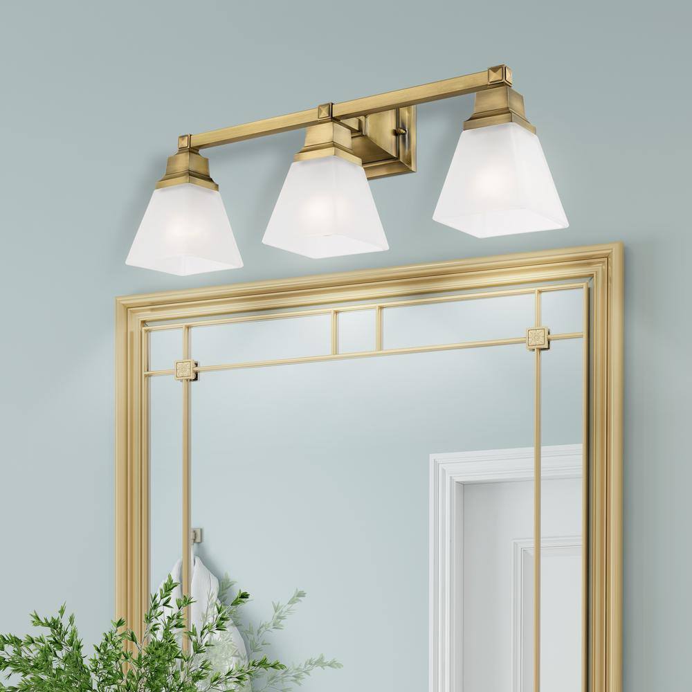 Antique Brass Mission 3-Light Bath Vanity with Satin Glass