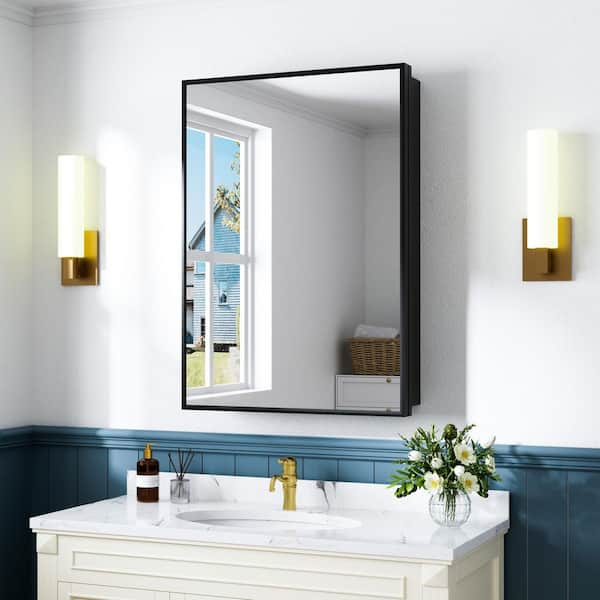 HBEZON 20 in. W x 28 in. H Rectangular Iron Medicine Cabinet with Mirror and Adjustable Shelves, Recessed or Surface Mount