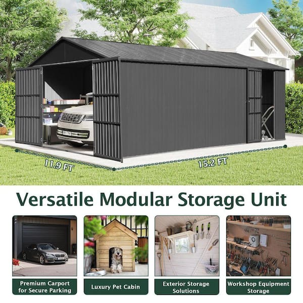 Gray 12 ft. x 15 ft. Extra Large Outdoor Metal Garage Shed with