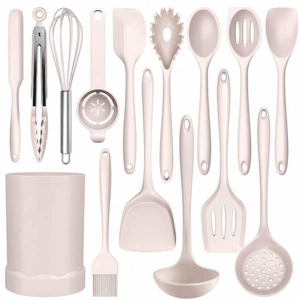 15-Pieces Khaki Food Grade Silicone Cooking Utensils Set, 446°F Heat Resistant Kitchen Utensils,Dishwasher Safe,BPA Free