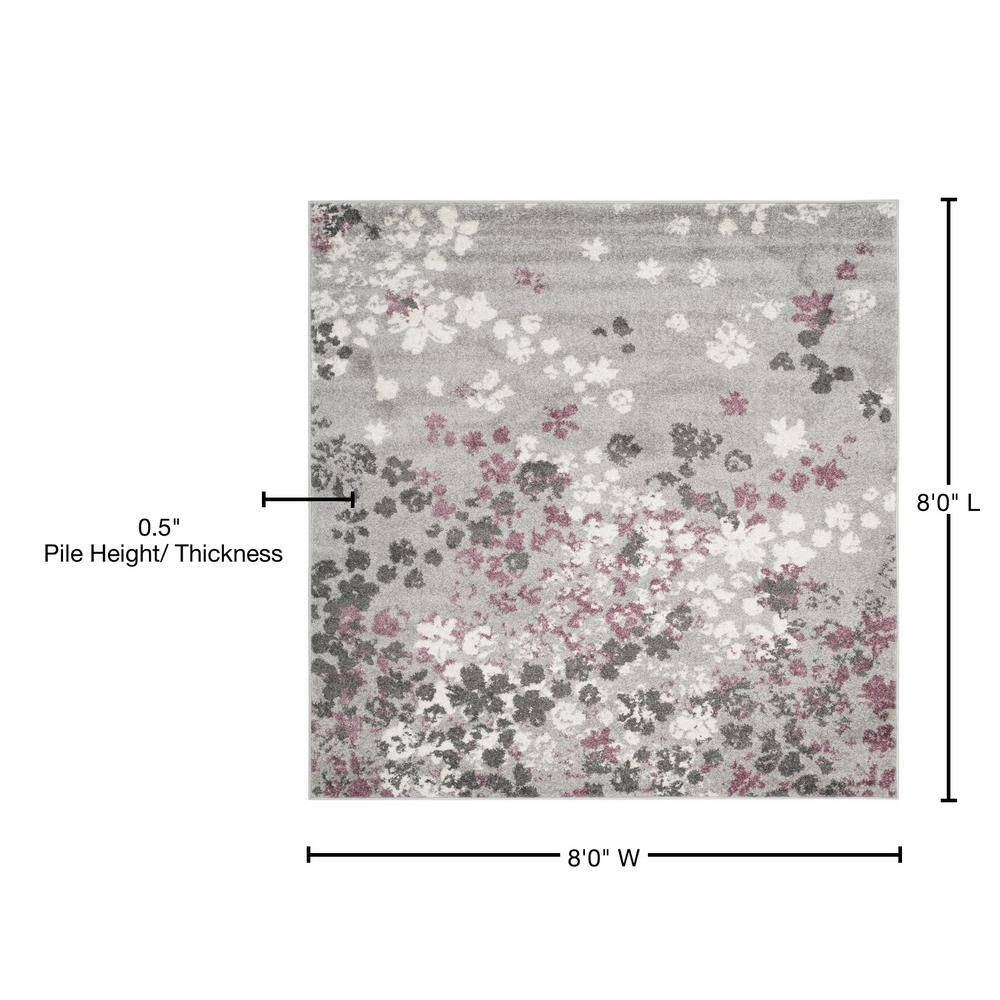 Light Grey and Purple Floral Synthetic Square Area Rug