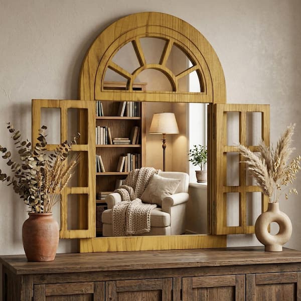 Brown 24 in. W x 36 in. H Arched Wood Framed Windowpane Accent Mirror Wall Mirror