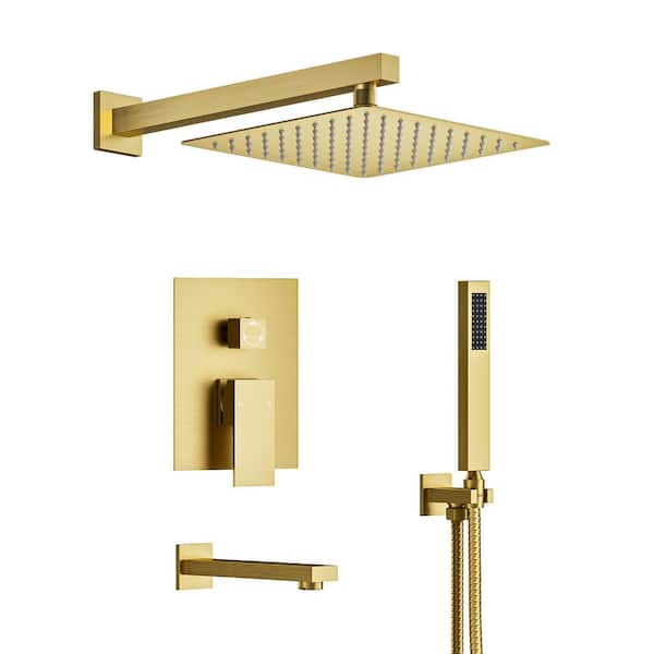 Dual Handle 3-Spray 10 in. Wall Mount Shower Faucet 2.5 GPM with Pressure Balance in Brushed Gold (Valve Included)