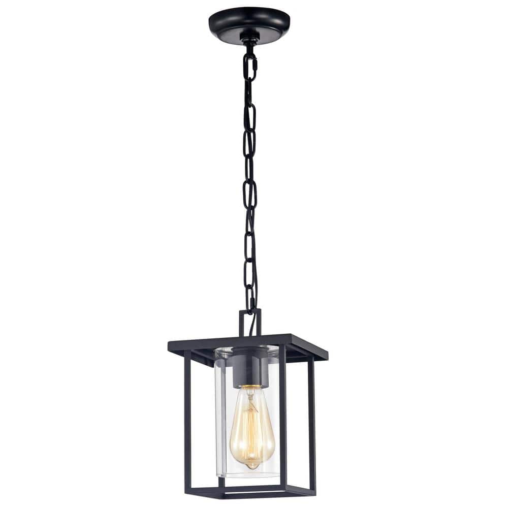 Matte Black Indoor Outdoor Pendant Light with Clear Glass Shade