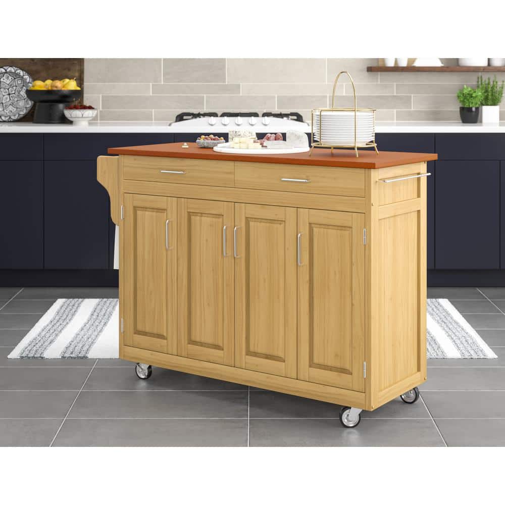 Natural Wood Kitchen Cart with Oak Top and Storage