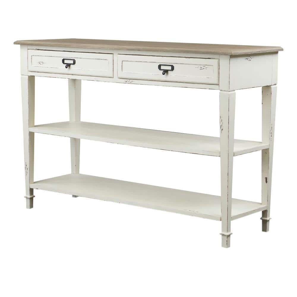 Dauphine Distressed White and Natural Wood Console Table with Storage