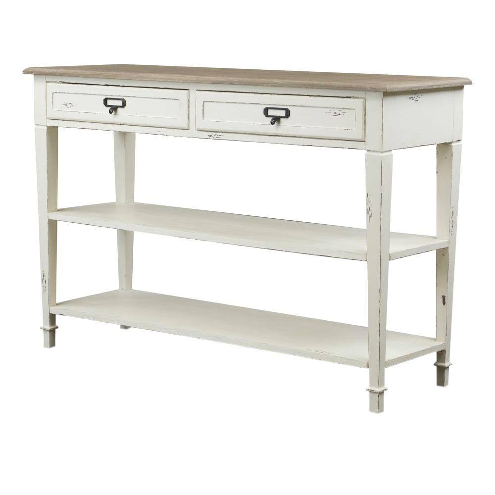 Dauphine Distressed White and Natural Wood Console Table with Storage