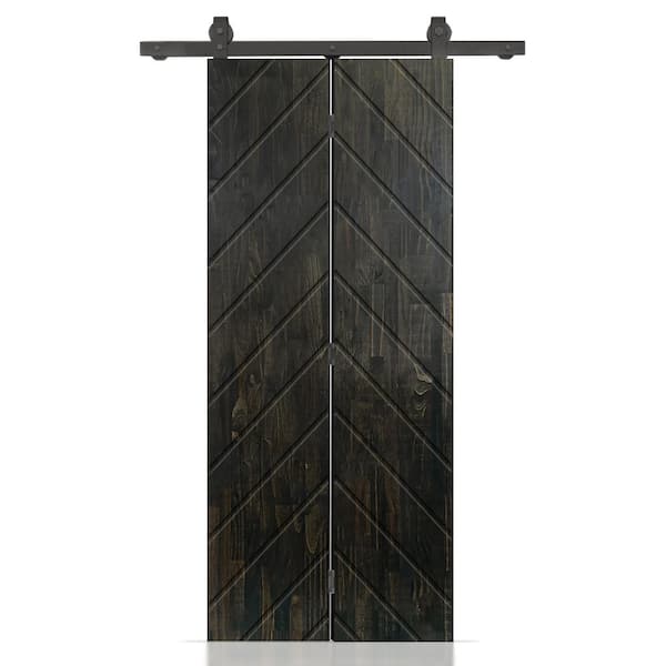 CALHOME Herringbone 28 in. x 84 in. Charcoal Black Stained Hollow Core Pine Wood Bi-fold Door with Sliding Hardware Kit