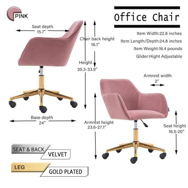 Pink Modern Velvet Material Adjustable Height 360° Office Chair with Gold Metal Legs and Universal Wheel