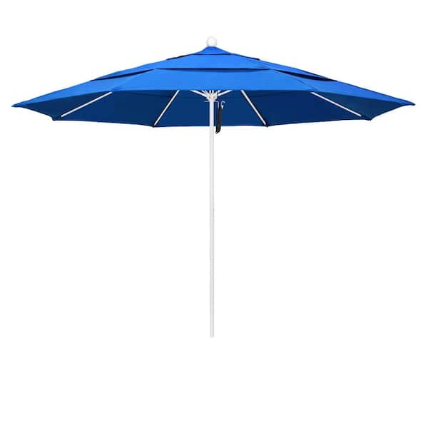 California Umbrella 11 ft. White Aluminum Commercial Market Patio Umbrella with Fiberglass Ribs and Pulley Lift in Royal Blue Olefin