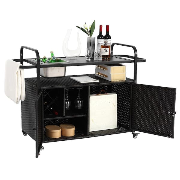 Tenleaf Black Wicker Outdoor Bar Table Bar Cart Kitchen Island Patio Serving Cart with Ice Bucket and Lockable Wheels