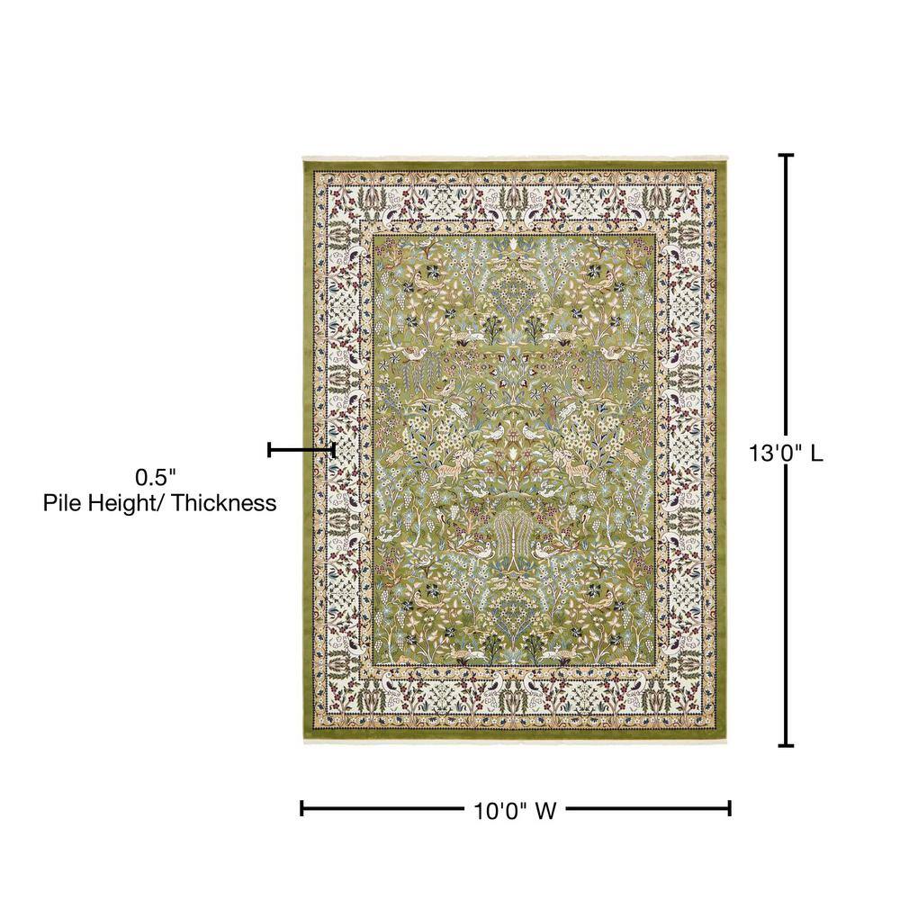 Green and Ivory Rectangular Floral Synthetic Area Rug 10' x 13'