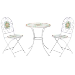 3-Piece Bistro Set, Mosaic Floral Metal Outdoor Patio Set with 2 Folding Chairs and Round Table for Backyard, Poolside