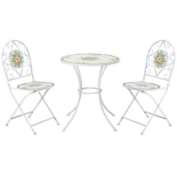 Outsunny 3-Piece Bistro Set, Mosaic Floral Metal Outdoor Patio Set with 2 Folding Chairs and Round Table for Backyard, Poolside