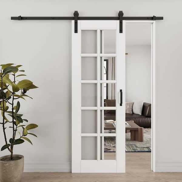 ARK DESIGN 30 in. x 80 in. 10-Lite Tempered Clear Glass White Primed MDF Composite Sliding Barn Door with Hardware Kit