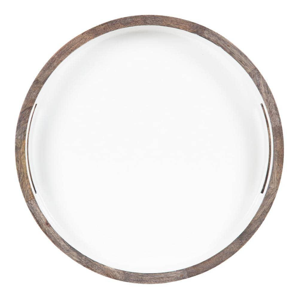 Graywash and White Round Mango Wood Tray with Handles