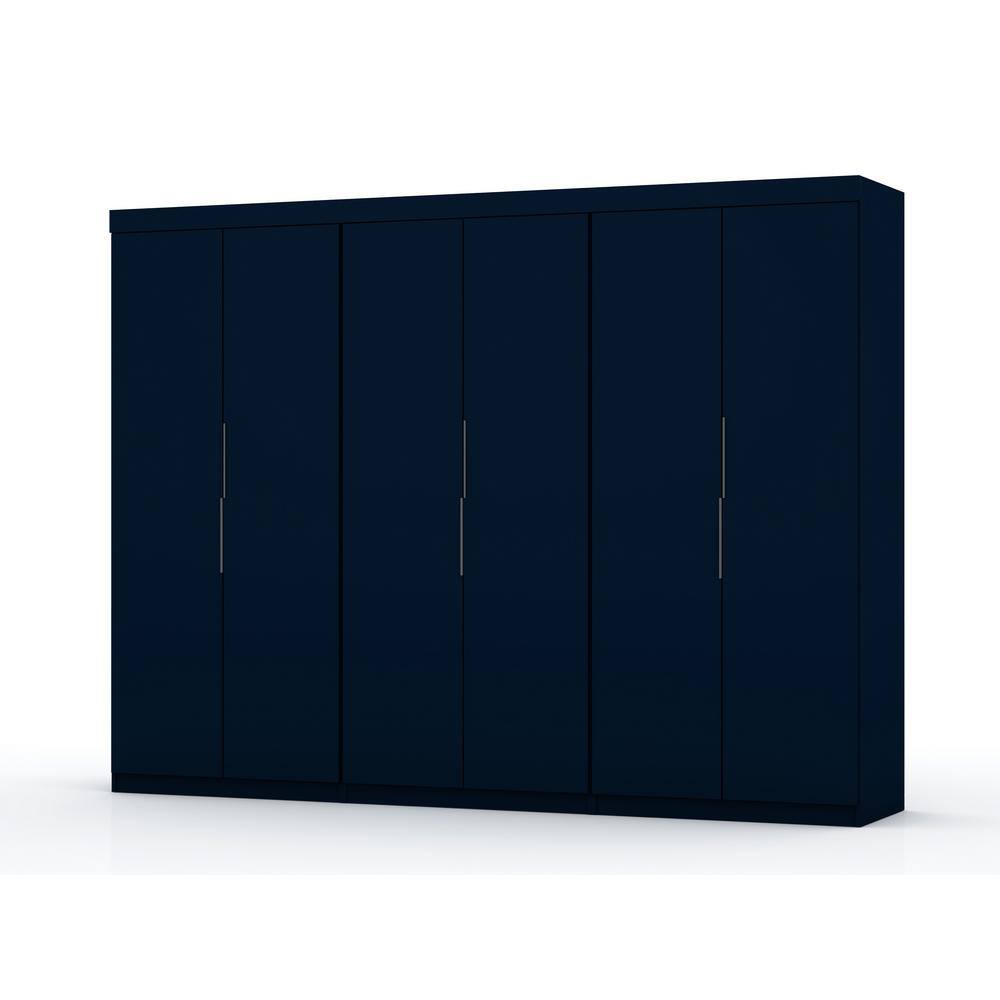 Midnight blue 6-door wardrobe closet with long silver handles.