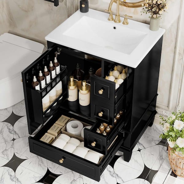24 in. Freestanding Black Bath Vanity with White Ceramic Top, Storage Shelves and Solid Wood Base