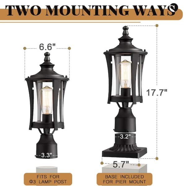 JAZAVA 1-Light Black Outdoor Pier Mount Post Lantern Lamp Lights 2 