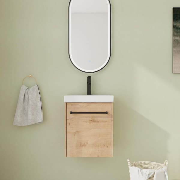 18 in. Wall-Mounted Single Oak Bath Vanity with White Ceramic Vanity Top Assembled