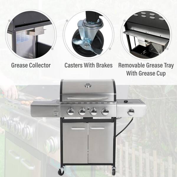 Captiva Designs 4-Burner Propane Gas BBQ Grill with Side Burner &  Porcelain-Enameled Cast Iron Grates, 42,000 BTU Output Stainless Steel  Grill for