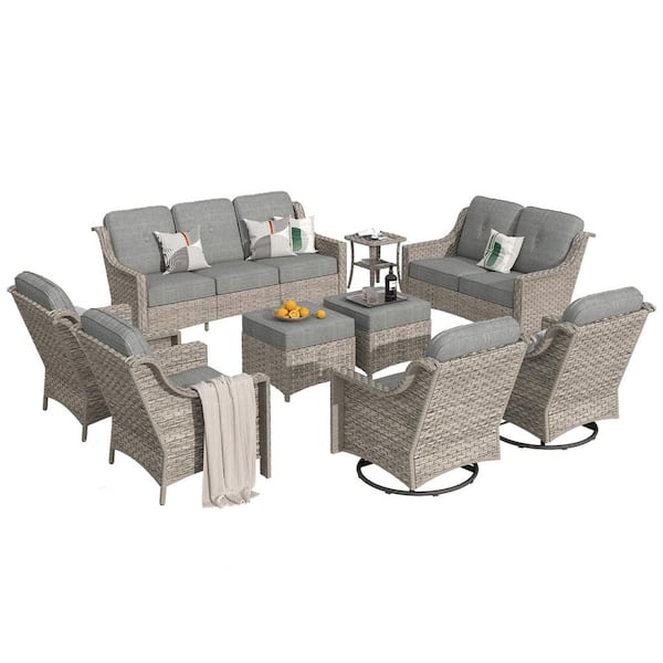 Eureka Gray 9-Piece Wicker Modern Outdoor Patio Conversation Sofa Seating Set with Swivel Chairs and Dark Gray Cushions