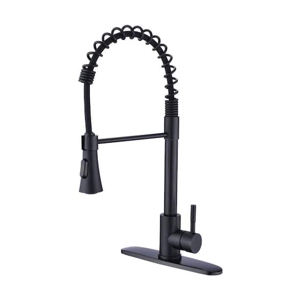 UKISHIRO Single Handle Deck Mount Gooseneck Pull Down Sprayer Kitchen Faucet in Black