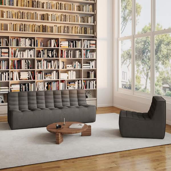 Armless 2-Piece Linen Modular Sectional Sofa 82 in. 3-Seater Fireside Lazy Floor Sofa Couch with Accent Chair in Black