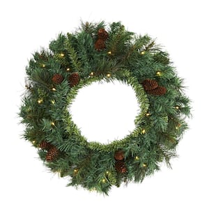 Nearly Natural 24 in. Pre-Lit Frosted Artificial Christmas Wreath with ...