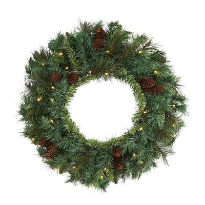 Nearly Natural 24 in. Pre-Lit Mixed Pine Artificial Christmas Wreath ...
