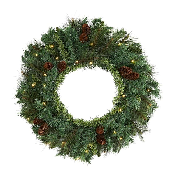 Nearly Natural 20 in. Pre-Lit Mixed Pine and Pinecone Artificial Christmas Wreath with 35 Clear LED Lights