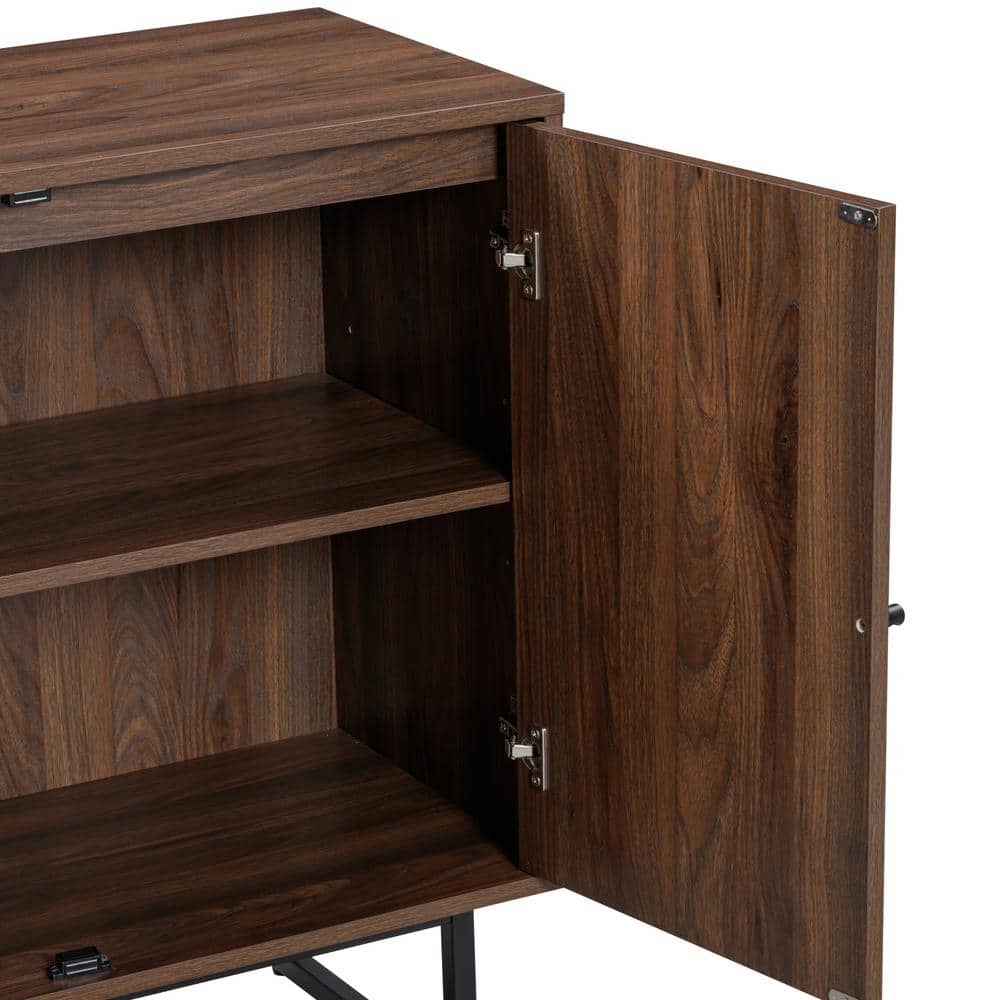 Walnut and Rattan Freestanding Storage Cabinet with Adjustable Shelves