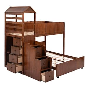 Walnut Wooden Twin over Full Bunk Bed with with 2-Shelves and Seven Drawers