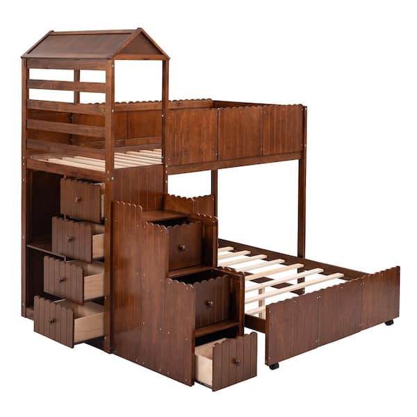 Unbranded Walnut Wooden Twin over Full Bunk Bed with with 2-Shelves and Seven Drawers